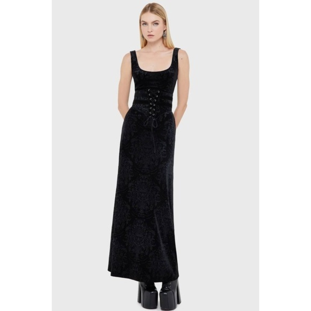 Killstar Crimson Fiend Black Burnout Velvet Damask Maxi Dress Womens Goth Scoop - Picture 2 of 4